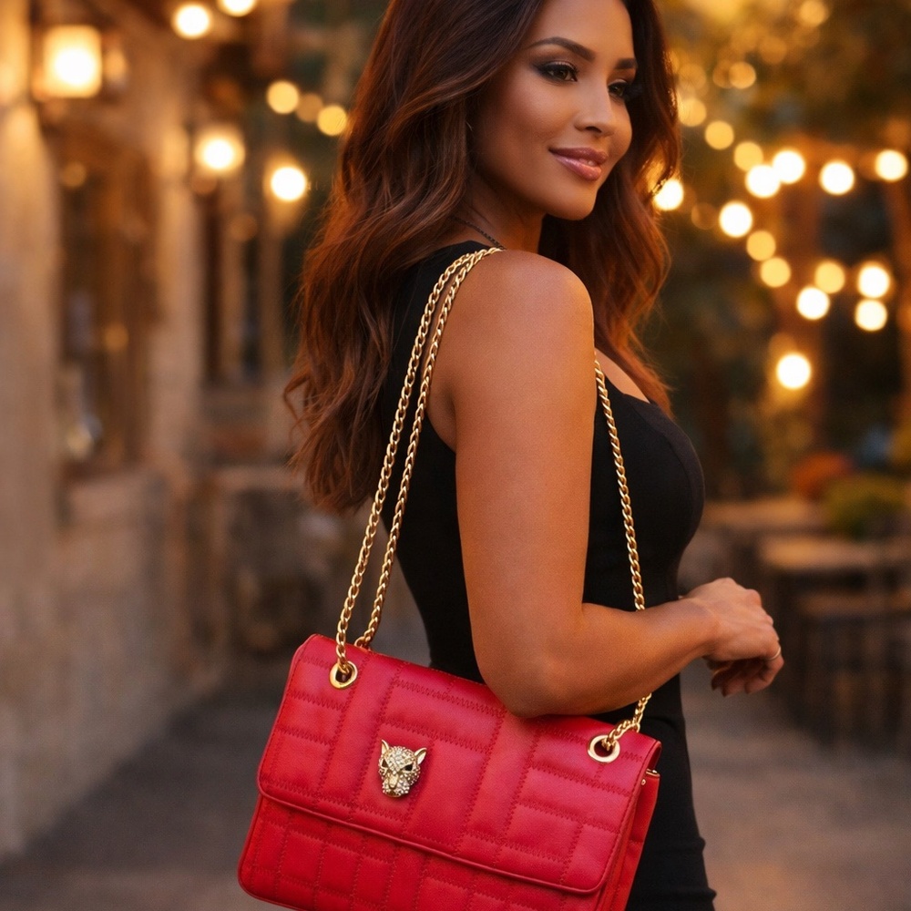NWT-Jessica Simpson Red Quilted Shoulder Bag Gold Chain Leopard Emblem